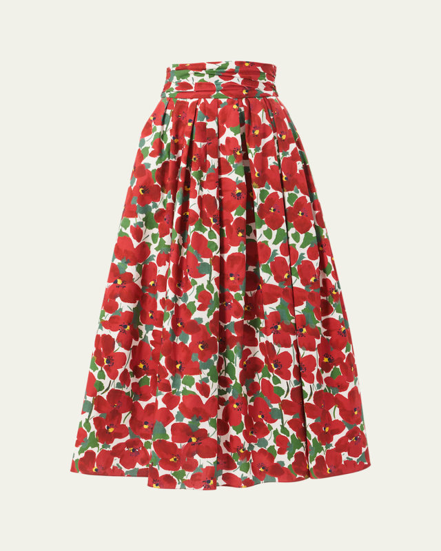 Floral Pleated Cummerbund Midi Skirt